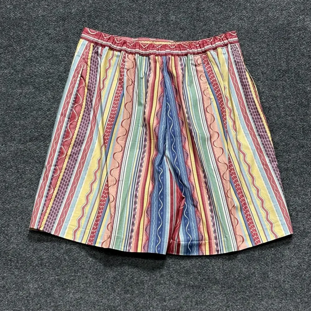 Marcia Shorts Womens 12 Blue Red Stripe Pleated Bermuda Cotton Elastic Waist
